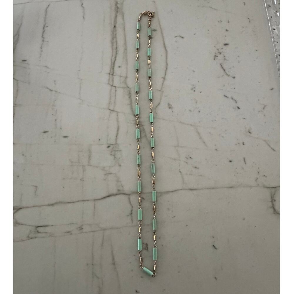 Mint Green Glass Tube Bead Necklace Gold Tone Chain Aqua Boho Jewelry Vintage